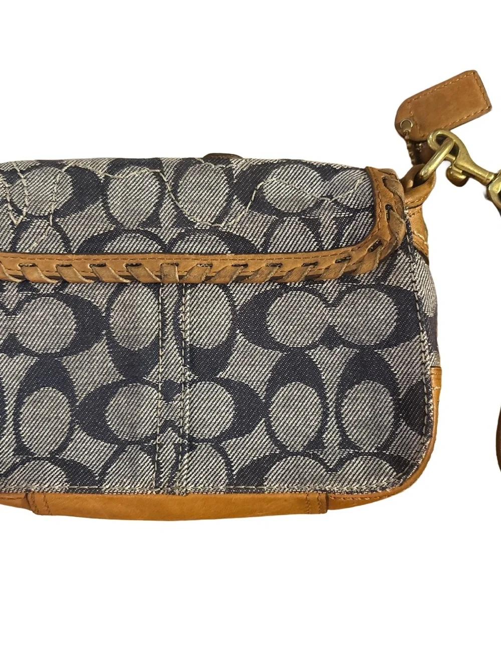 COACH Bleecker Vachetta Leather Signature Denim Floral Appliqué Wristlet RARE